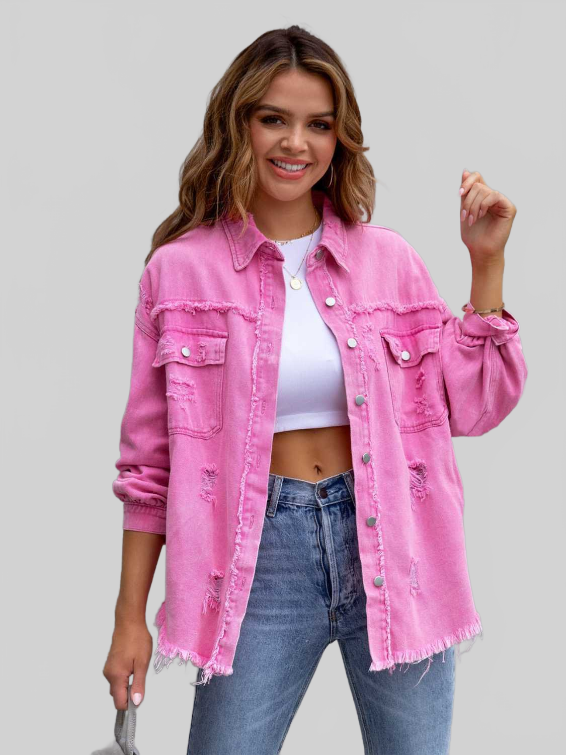 NicholesGifts Women Distressed Drop Shoulder Denim Jacket NicholesGifts