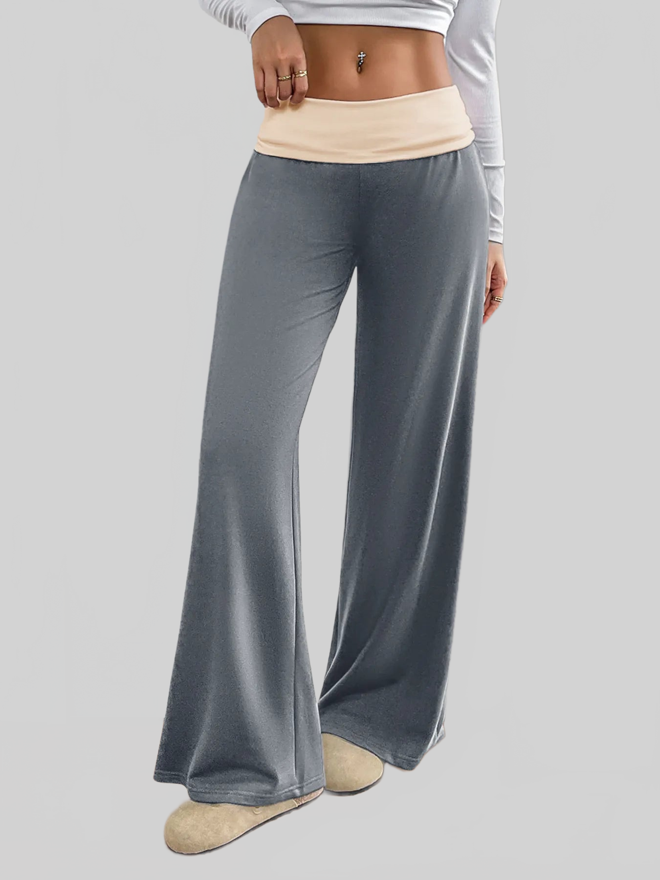 Women Contrast Waistband Wide Leg Pants nicholesgifts