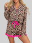 Leopard Print Contrast Trim Long Sleeve Shirt and Drawstring Ruffle Hem Shorts Set nicholesgifts