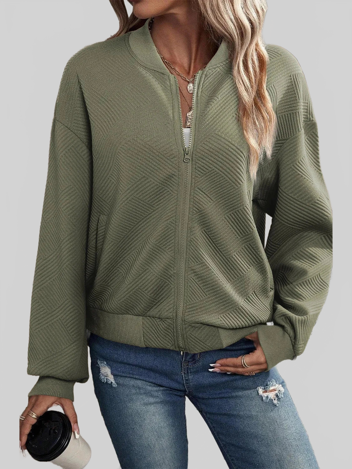 Textured Zip Up Baseball Collar Jacket nicholesgifts
