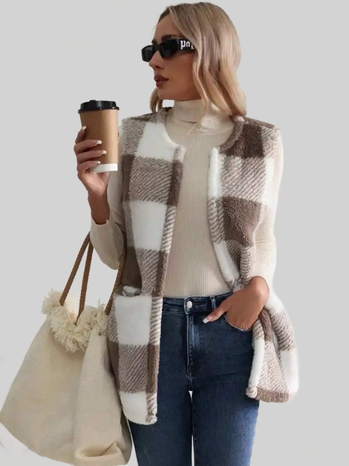 Women Cozy Plaid Sherpa Vest Coat nicholesgifts