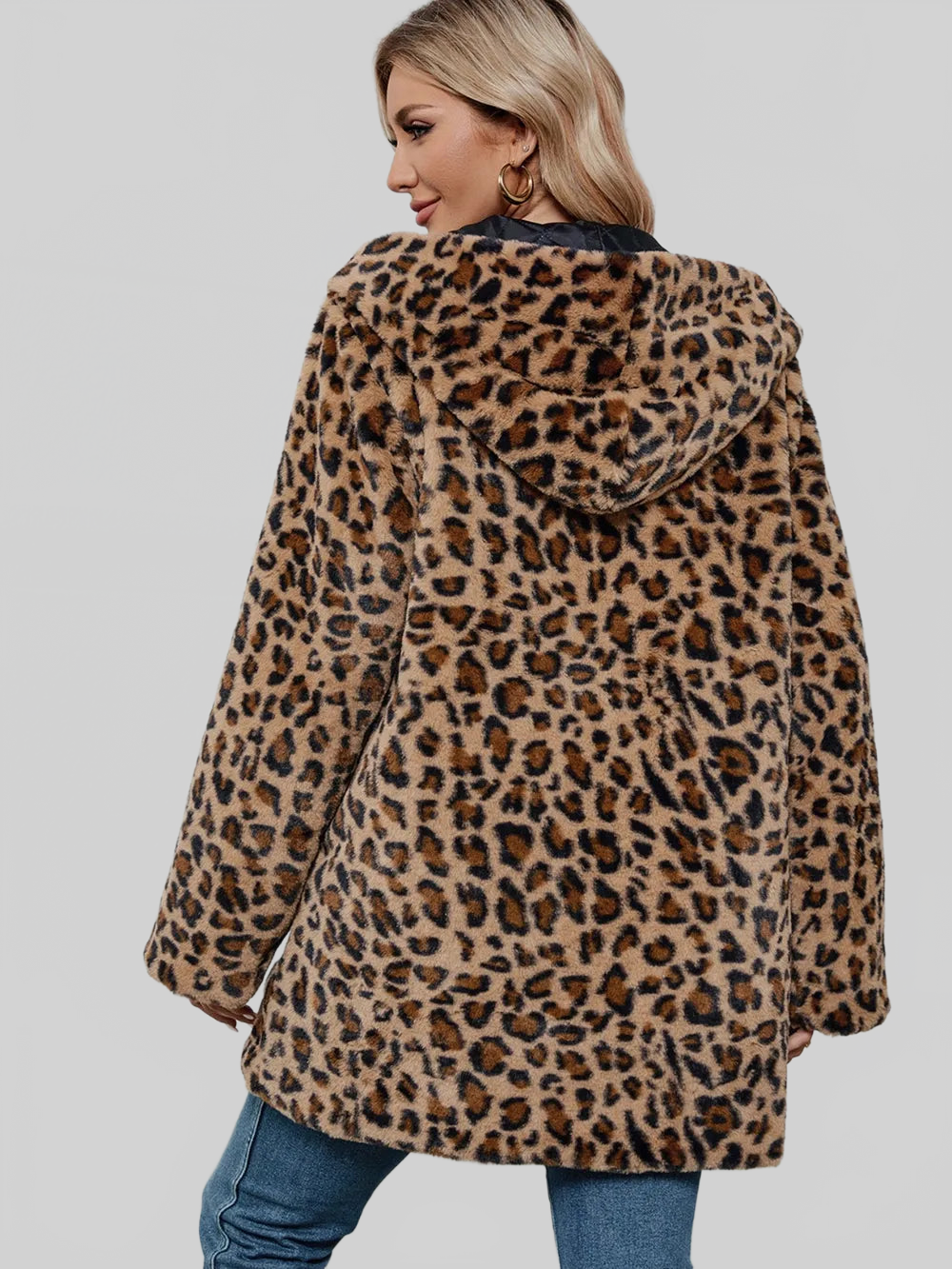 Fuzzy Leopard Hooded Long Sleeve Jacket nicholesgifts