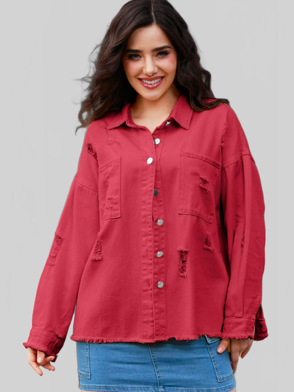 NicholesGifts Women Distressed Button Up Raw Hem Denim Jacket NicholesGifts