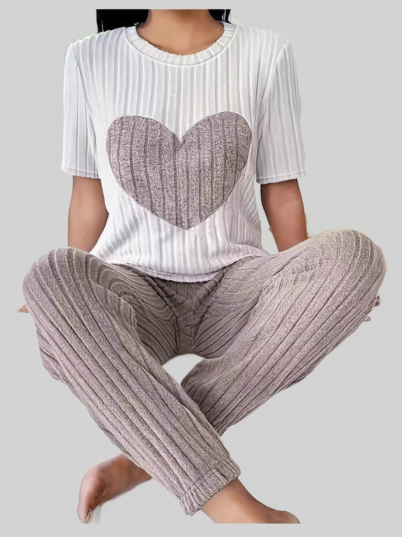 Heart Ribbed Knit Top and Pants Lounge Set nicholesgifts