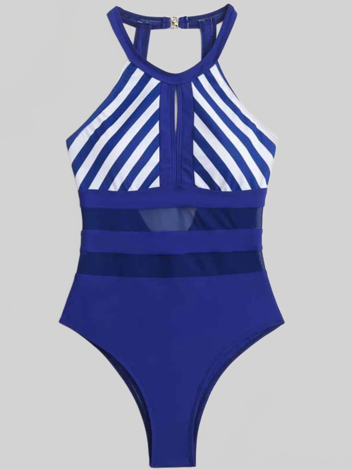 Women Mesh Detail Backless Striped One-Piece Swimsuit nicholesgifts