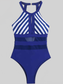 Women Mesh Detail Backless Striped One-Piece Swimsuit nicholesgifts