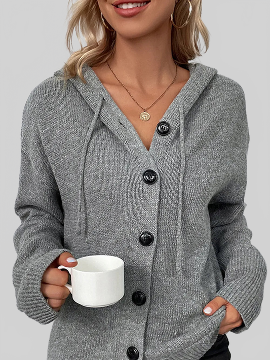 Women Drawstring Button Up Hooded Cardigan nicholesgifts