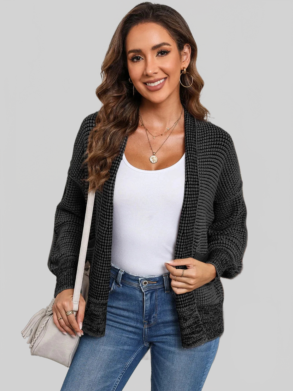 Women Waffle-knit Pocketed Open Front Cardigan nicholesgifts