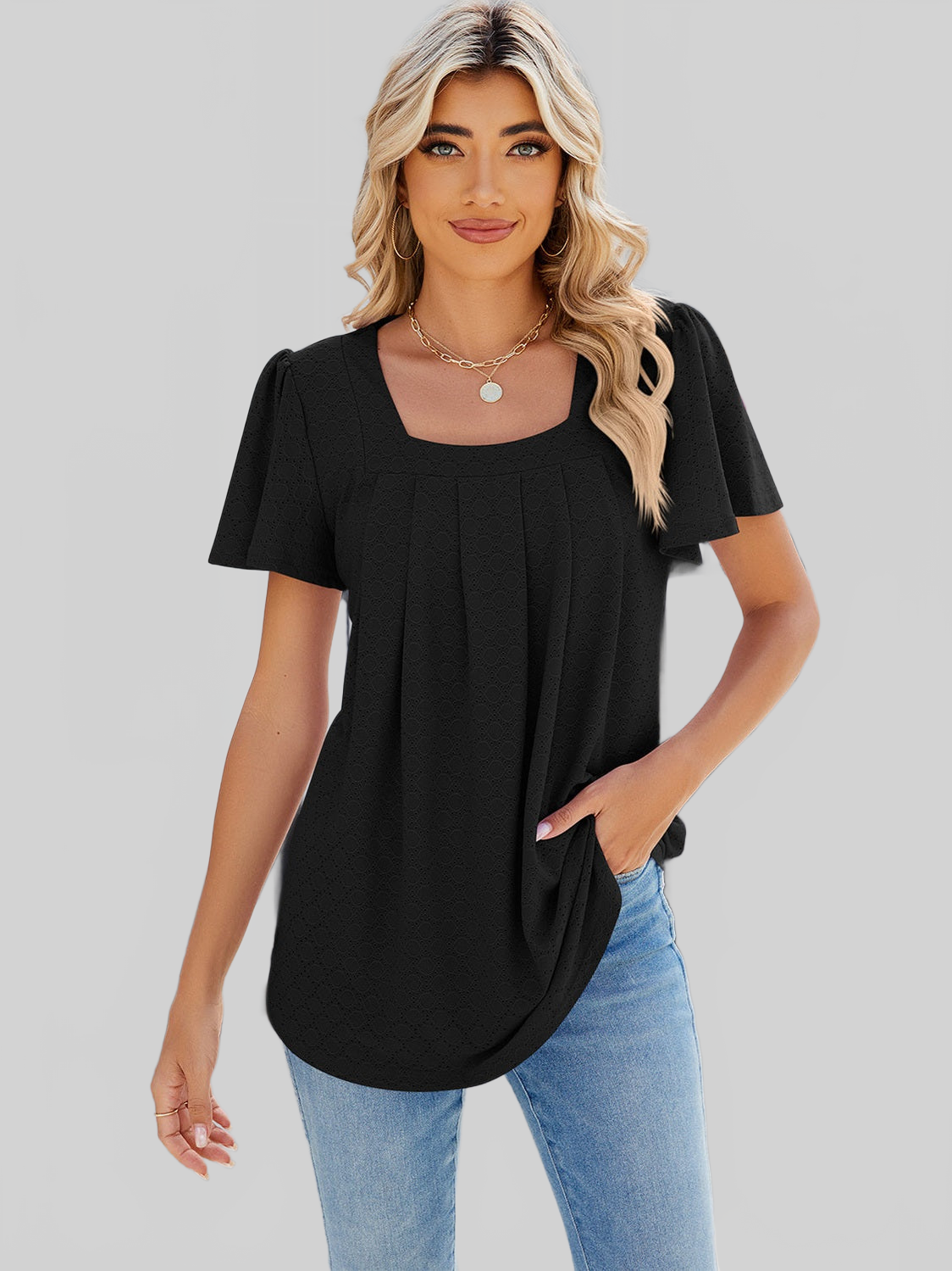 Women Eyelet Square Neck Flutter Sleeve Blouse nicholesgifts