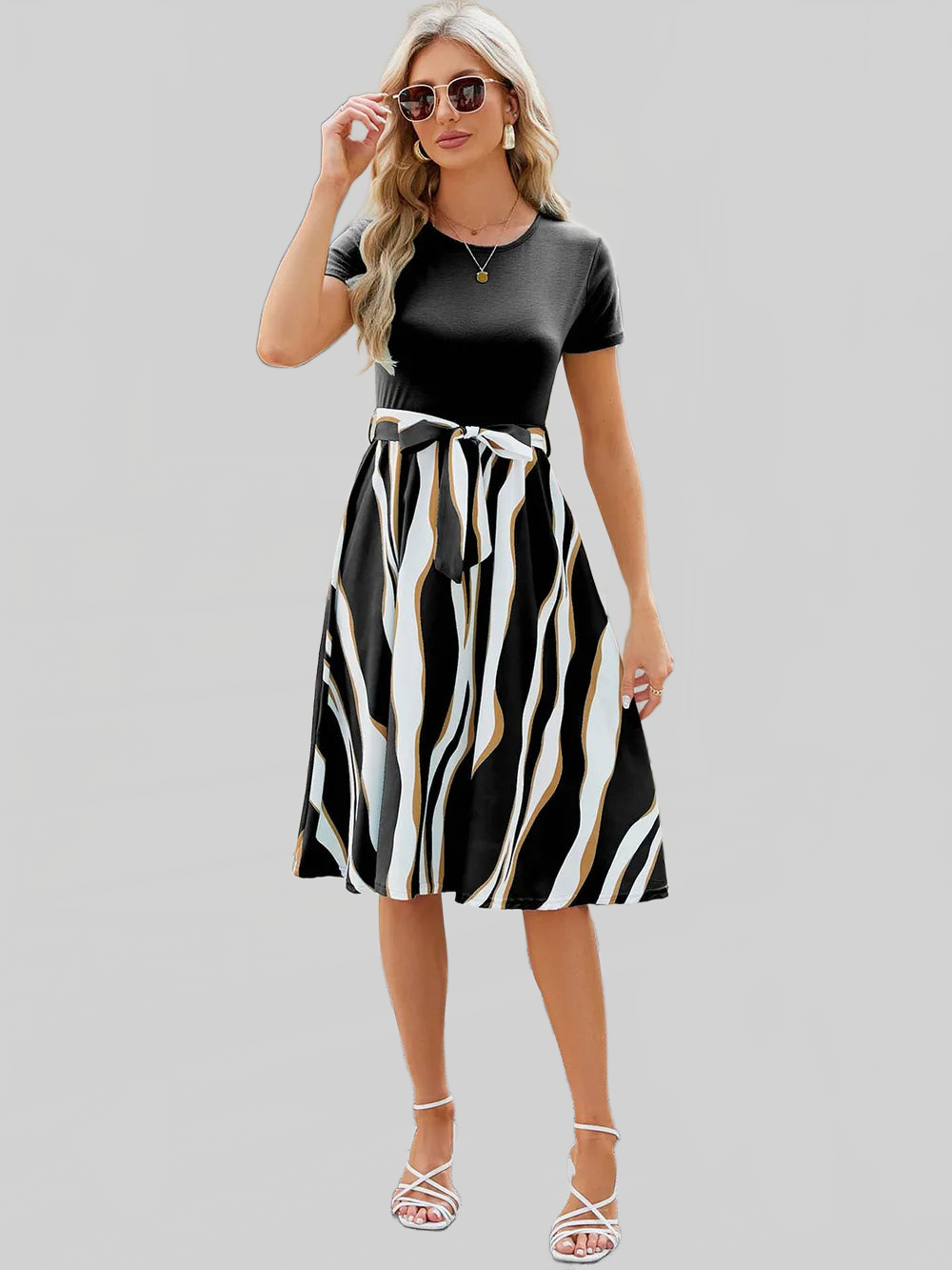 Printed Tie Waist Short Sleeve Dress nicholesgifts