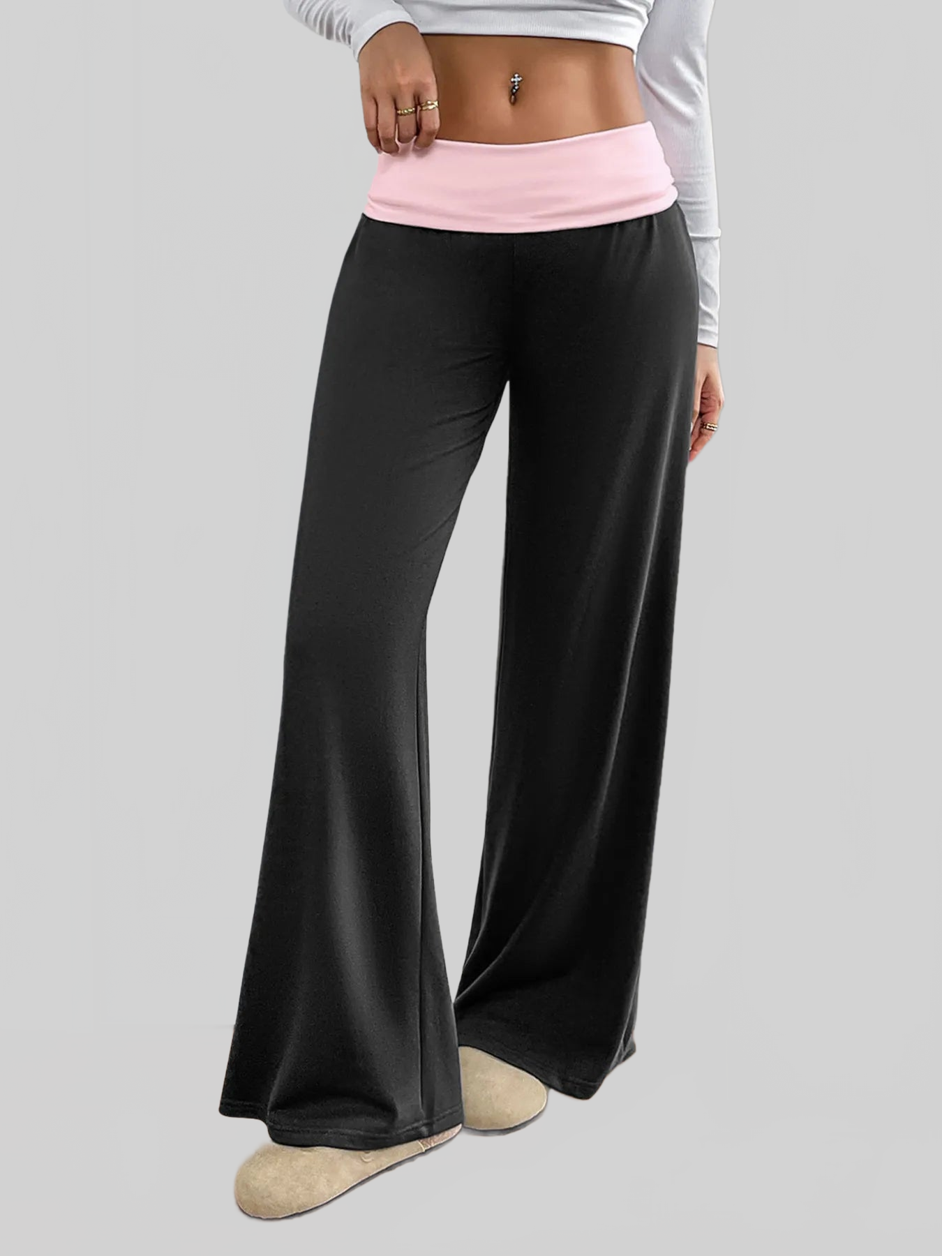 Women Contrast Waistband Wide Leg Pants nicholesgifts