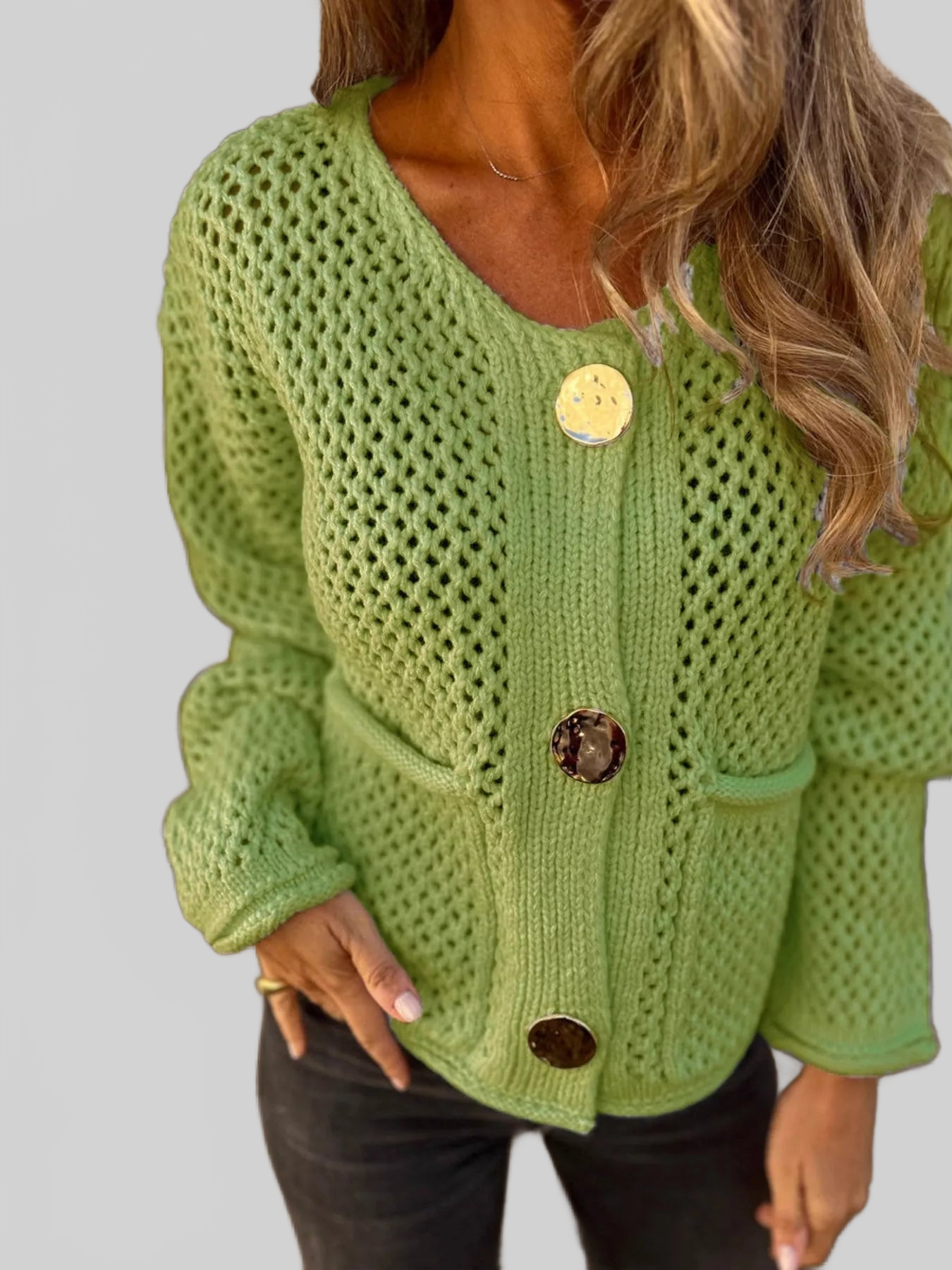 Crochet Button Up Long Sleeve Cardigan nicholesgifts