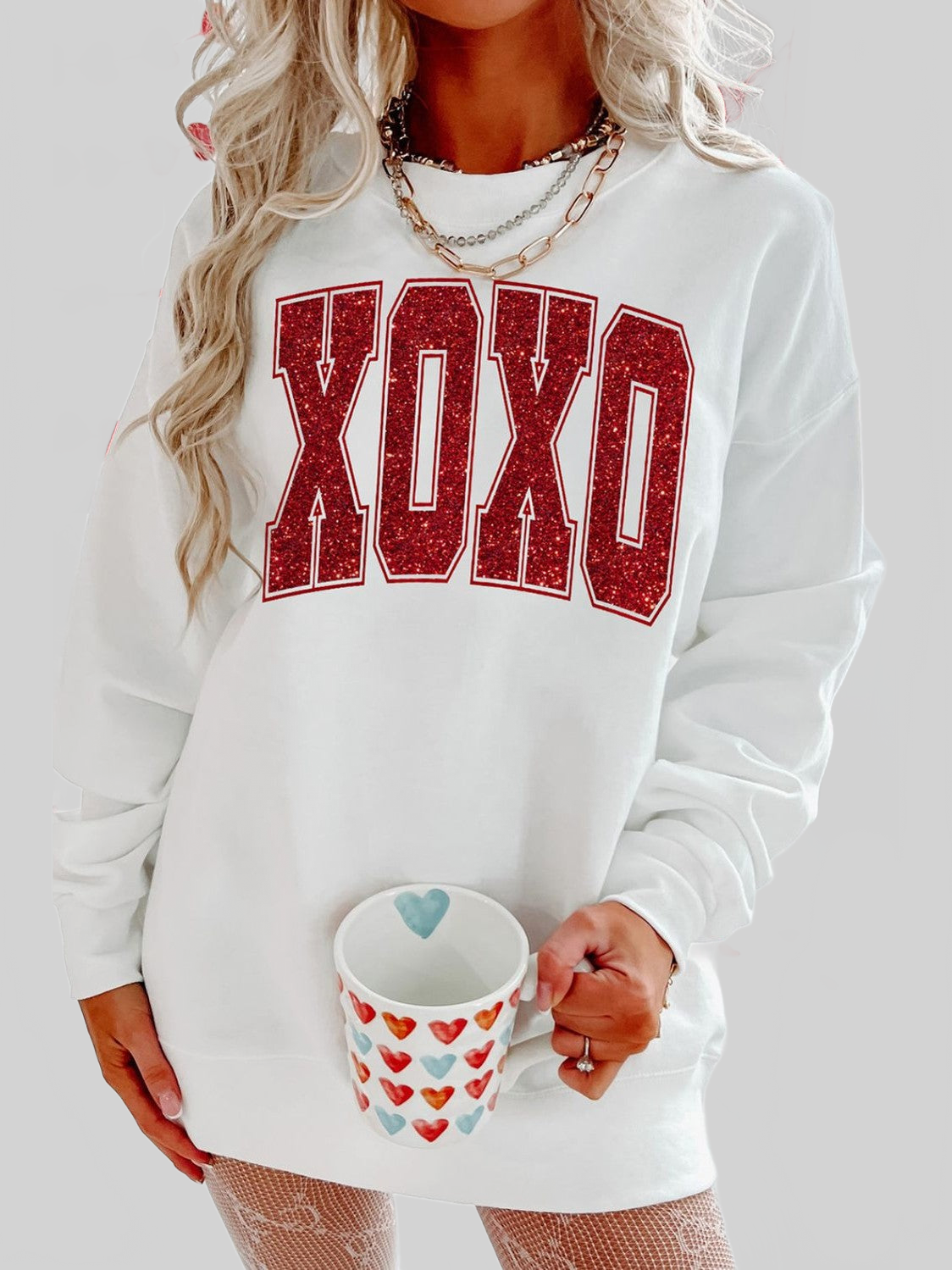 Women Valentine’s Day XOXO Glitter Round Neck Sweatshirt NicholesGifts