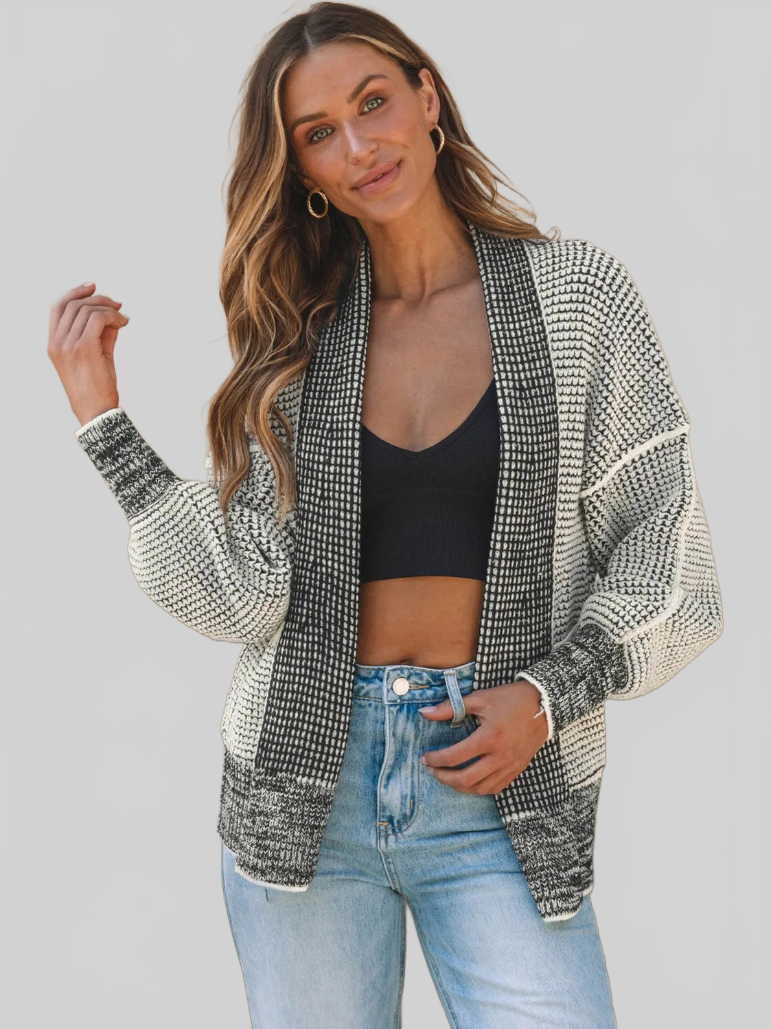 Women Waffle-knit Pocketed Open Front Cardigan nicholesgifts