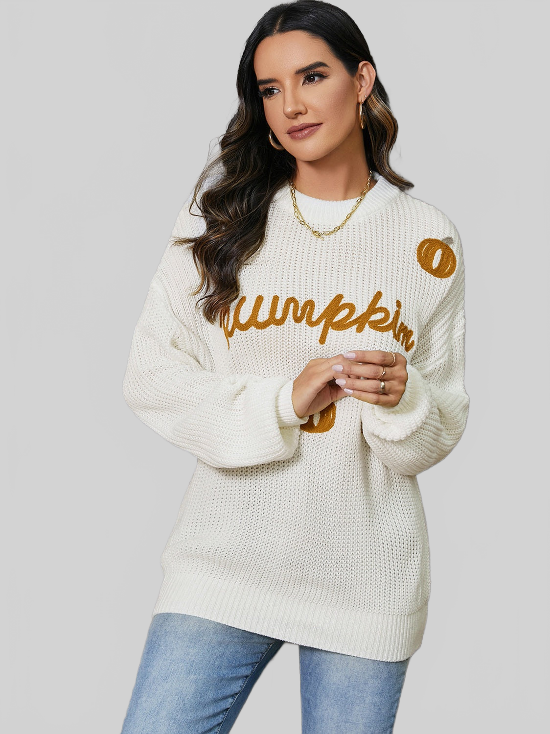 Women Spirit Of Halloween Pumpkin Embroidery Long Sleeve Sweater nicholesgifts