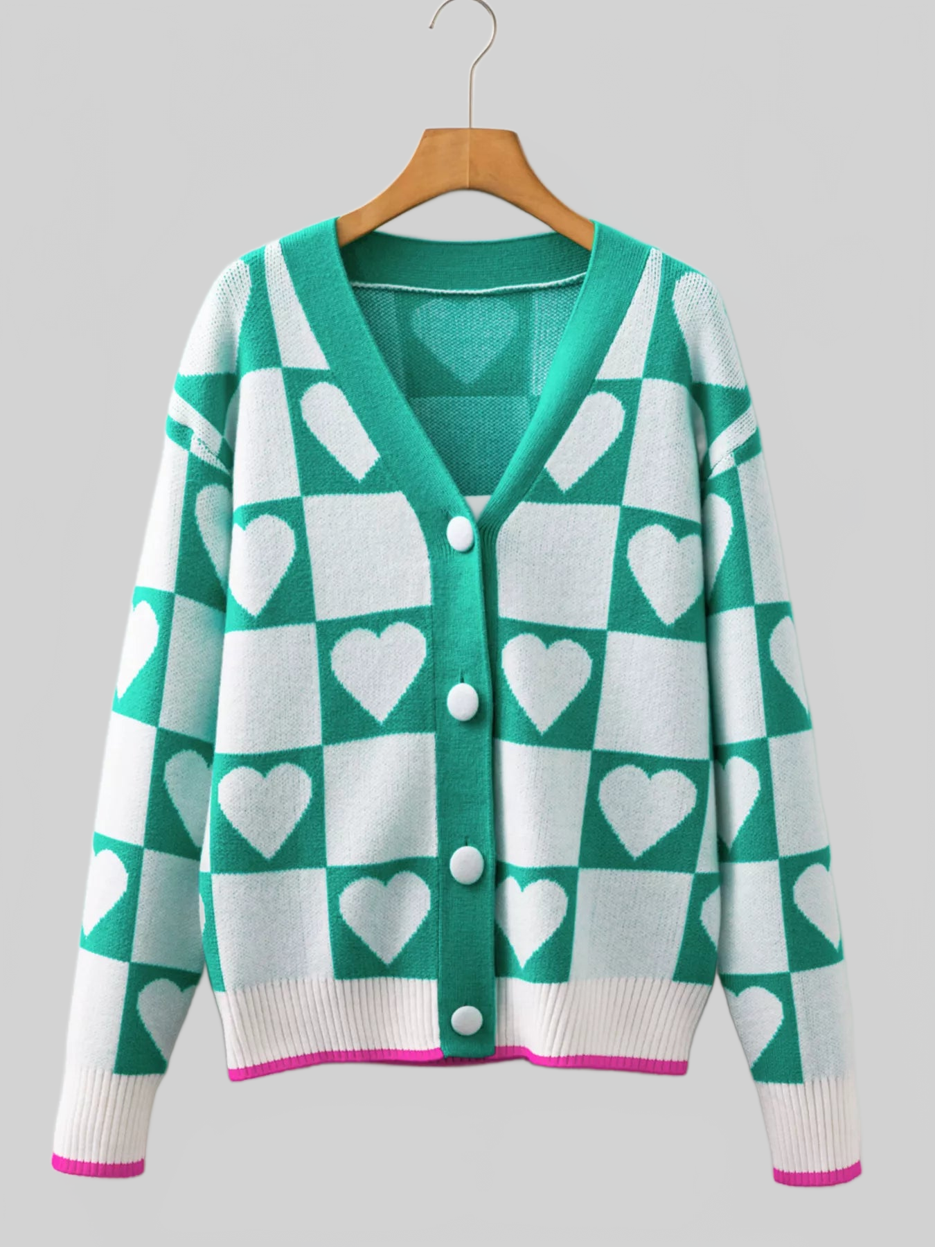 Plaid Heart Knit V Neck Button Down Sweater Cardigan nicholesgifts