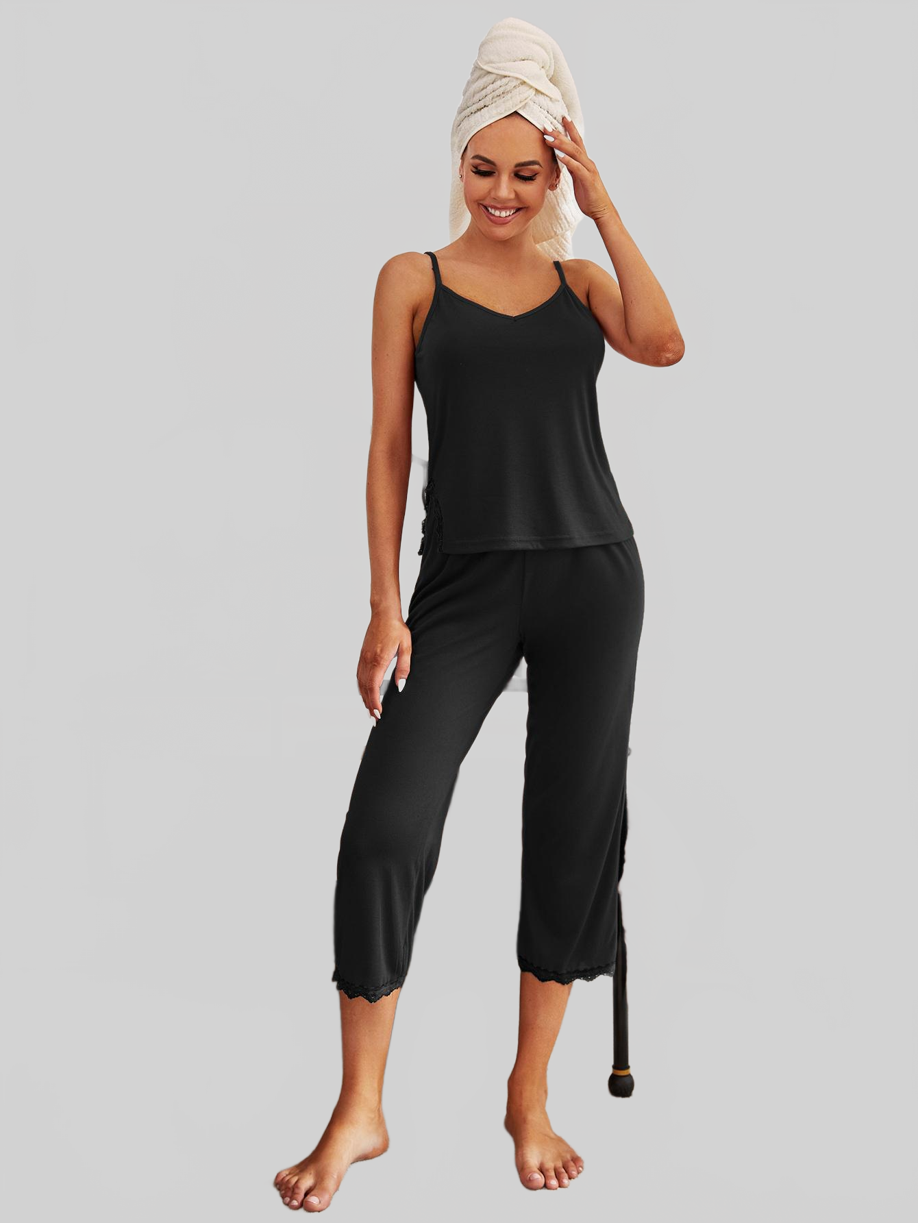 V-Neck Lace Trim Slit Cami and Pants Pajama Set nicholesgifts