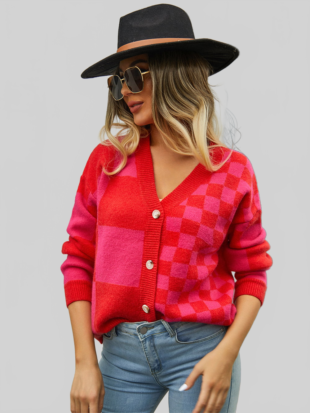 Angel Wings Plaid V-Neck Dropped Shoulder Cardigan nicholesgifts
