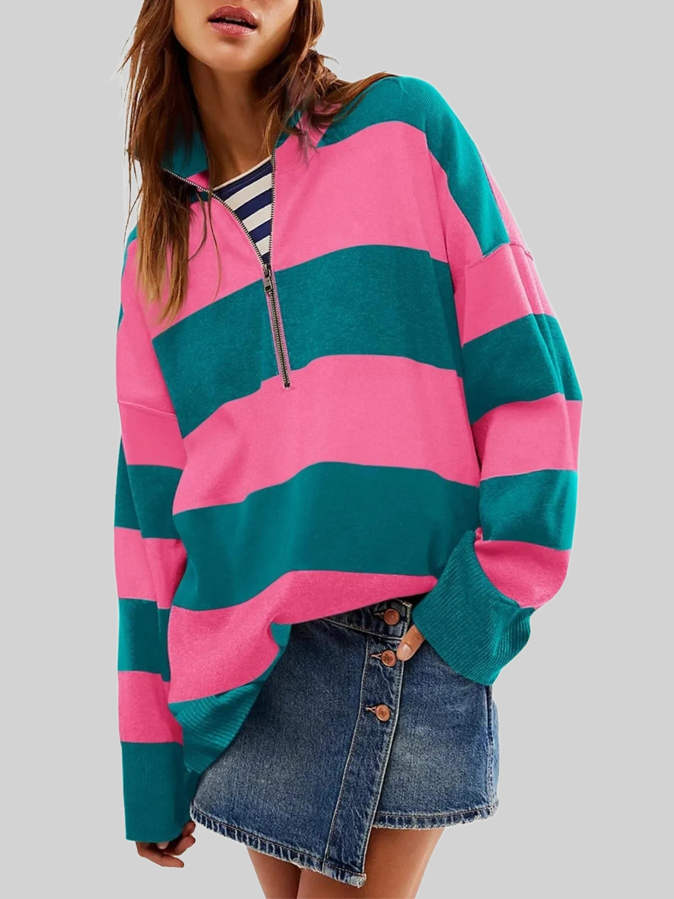 Women Striped Half-Zip Oversized Sweatshirt nicholesgifts