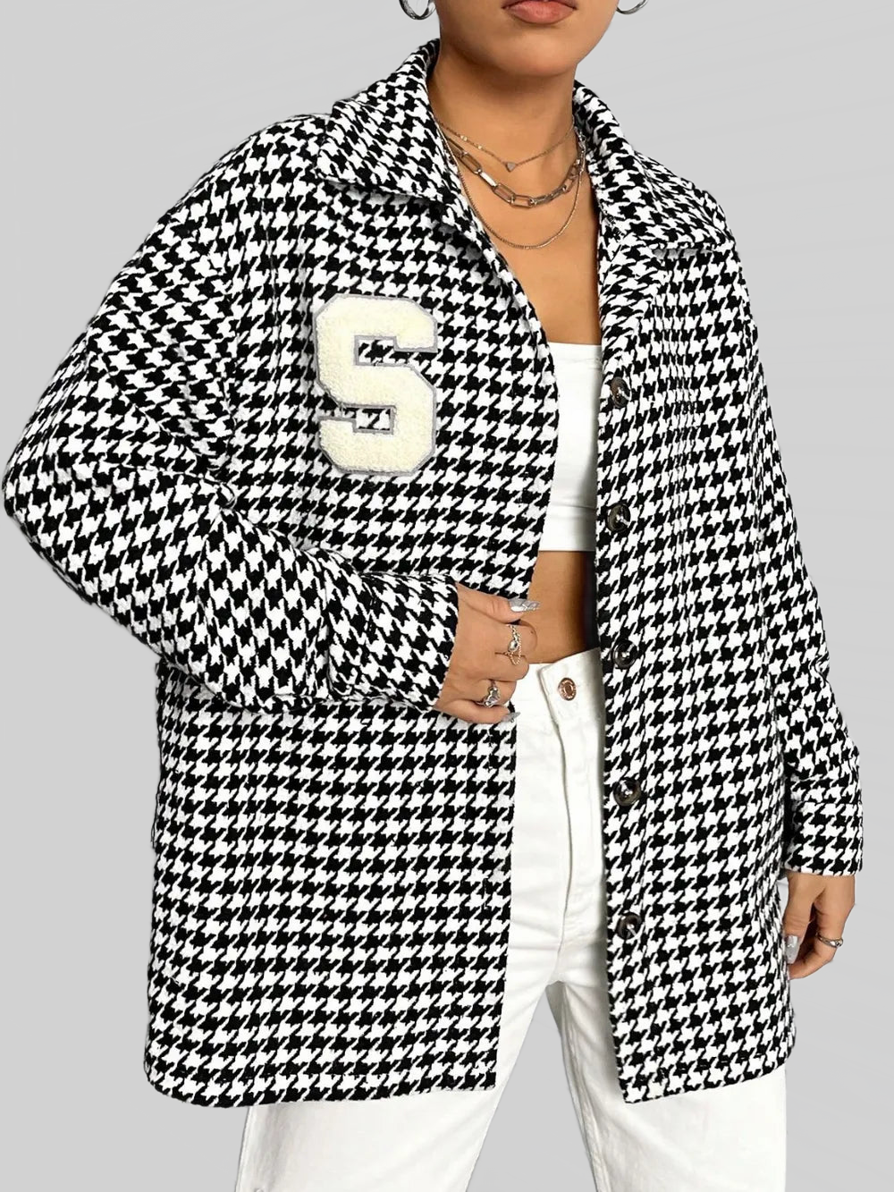 Houndstooth Button Down Long Sleeve Shacket nicholesgifts