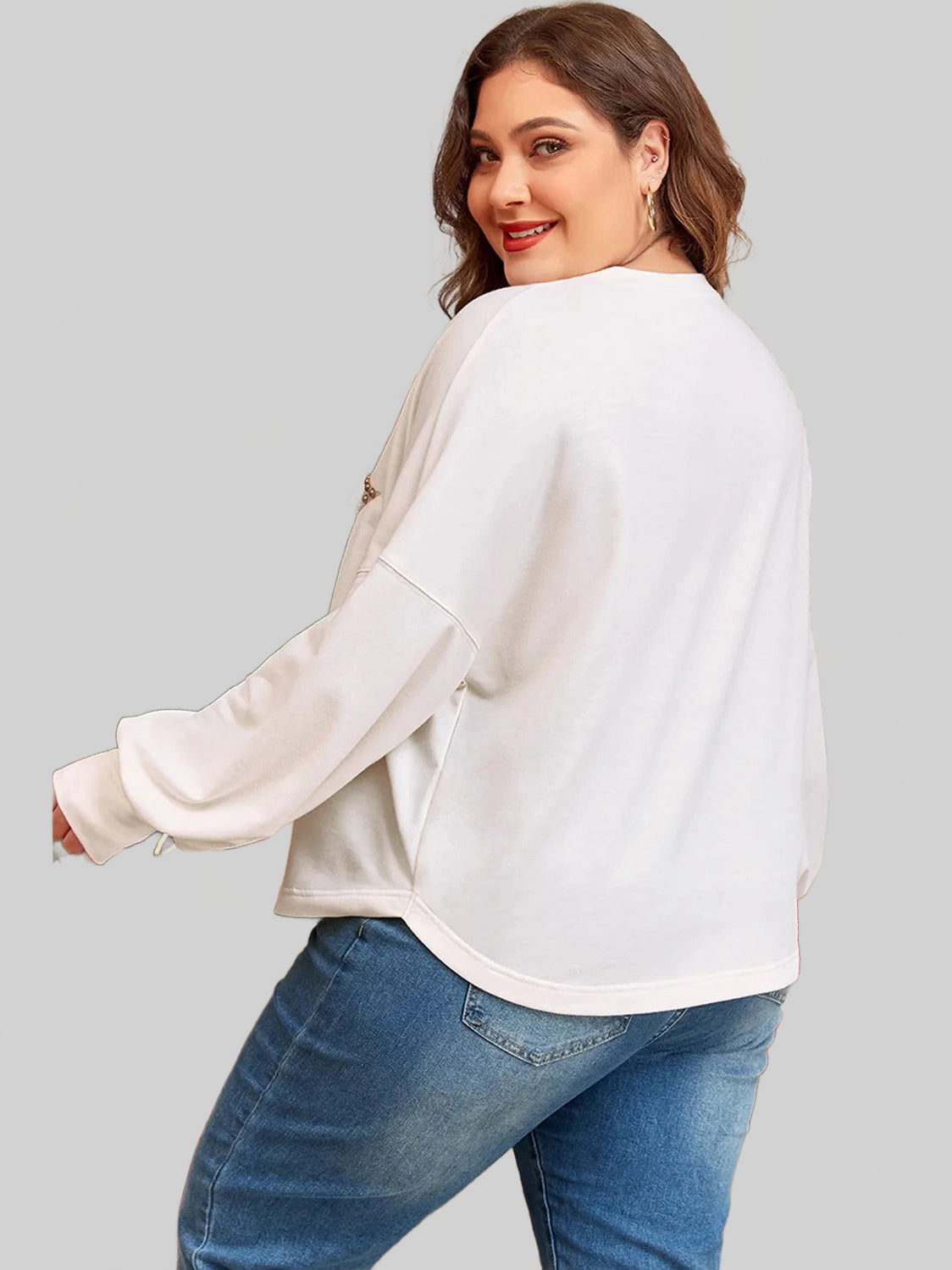 Women Plus Size Studded Star Round Neck Long Sleeve Blouse nicholesgifts