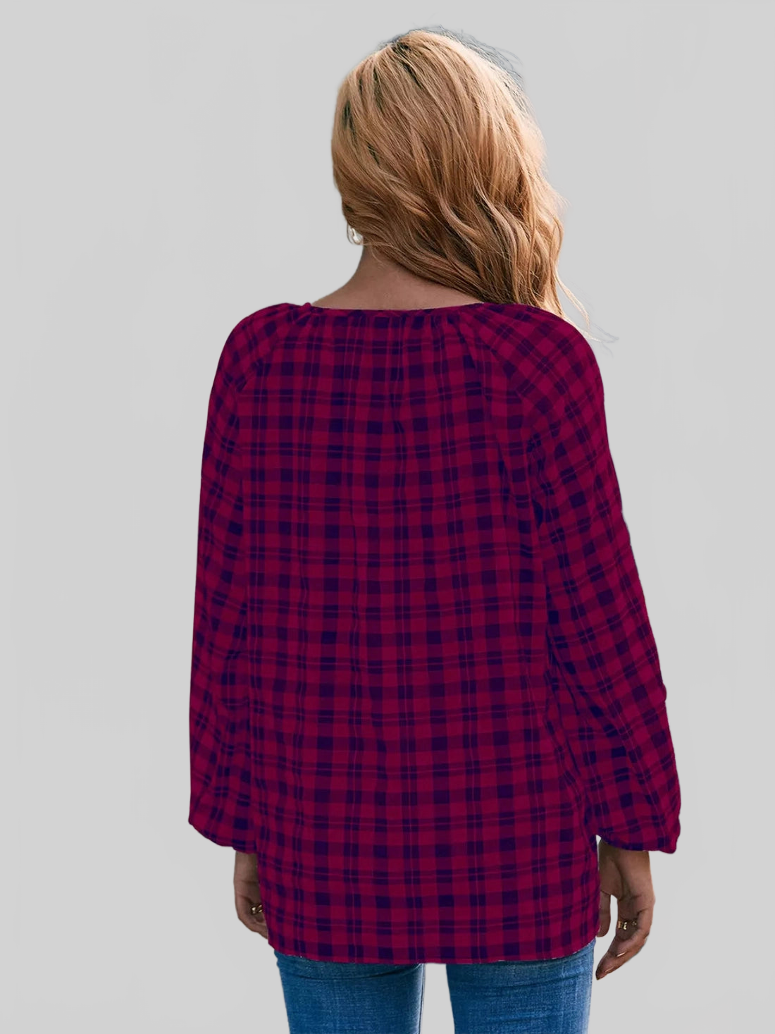 Ivy Lane Plaid Tie Neck Balloon Sleeve Blouse NicholesGifts