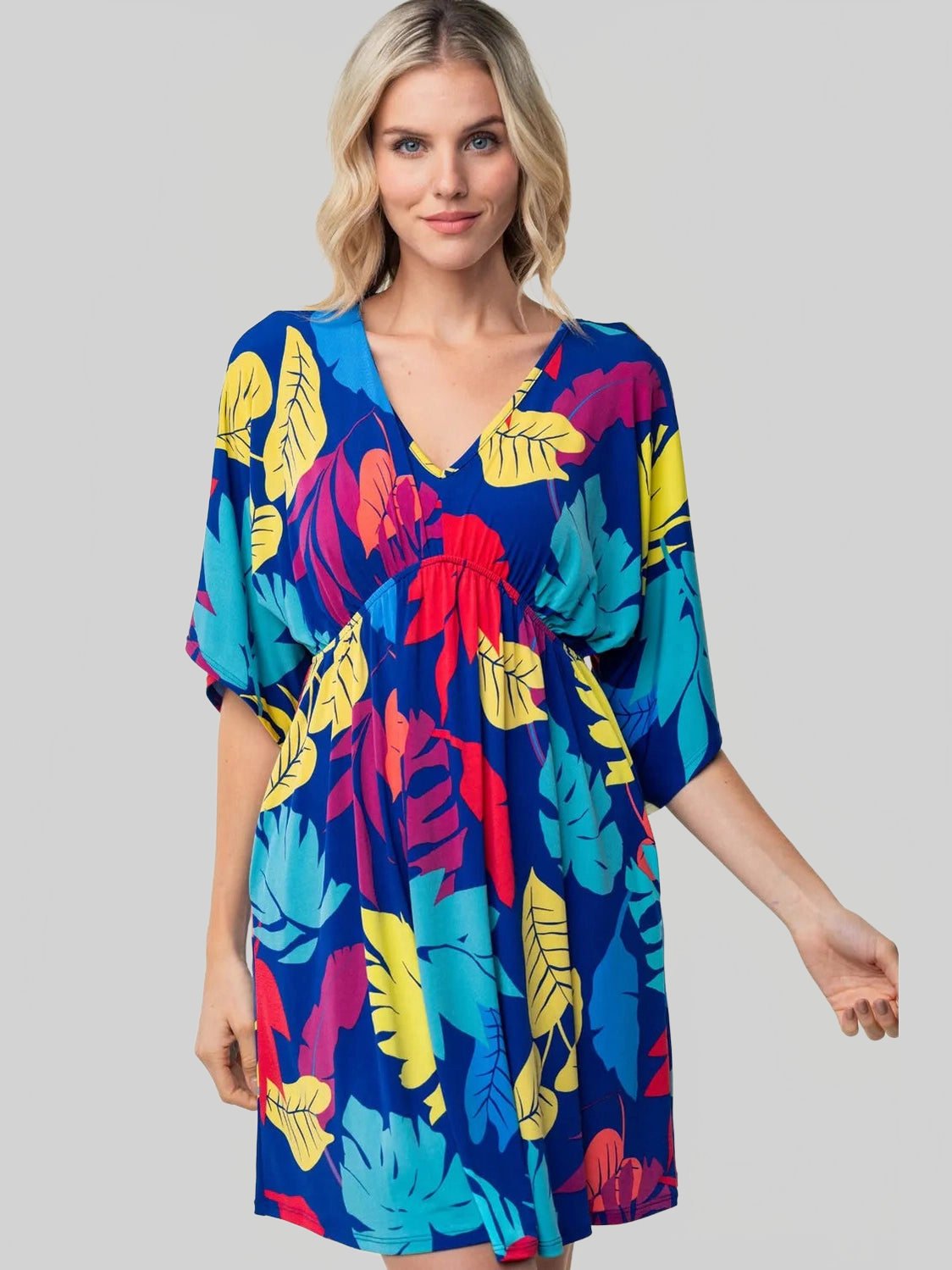 White Birch Full Size Printed V-Neck Mini Dress nicholesgifts