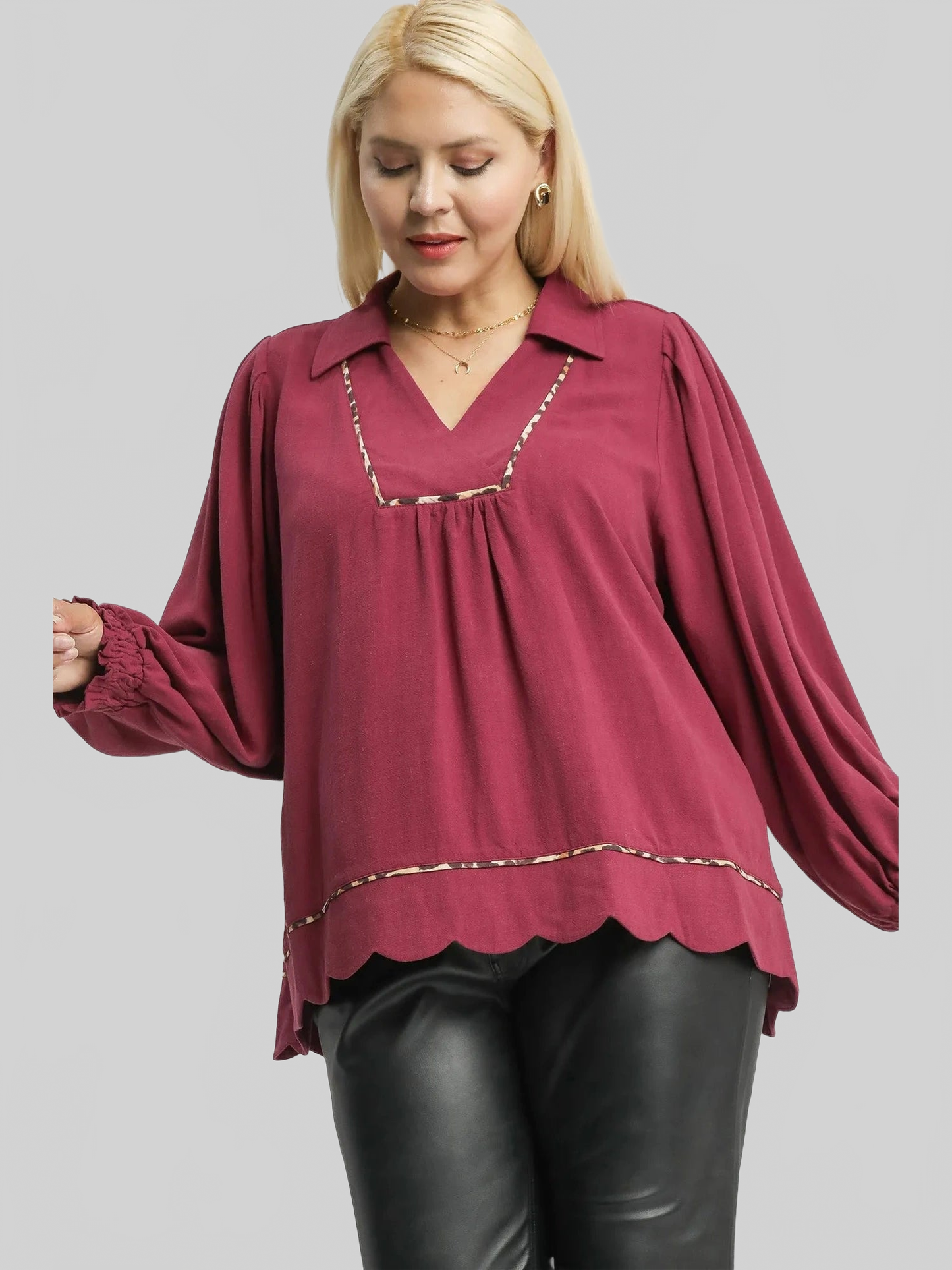 Women Umgee Full Size Linen Scallop Hem Long Sleeve Blouse with Contrast Trim Plus Size NicholesGifts