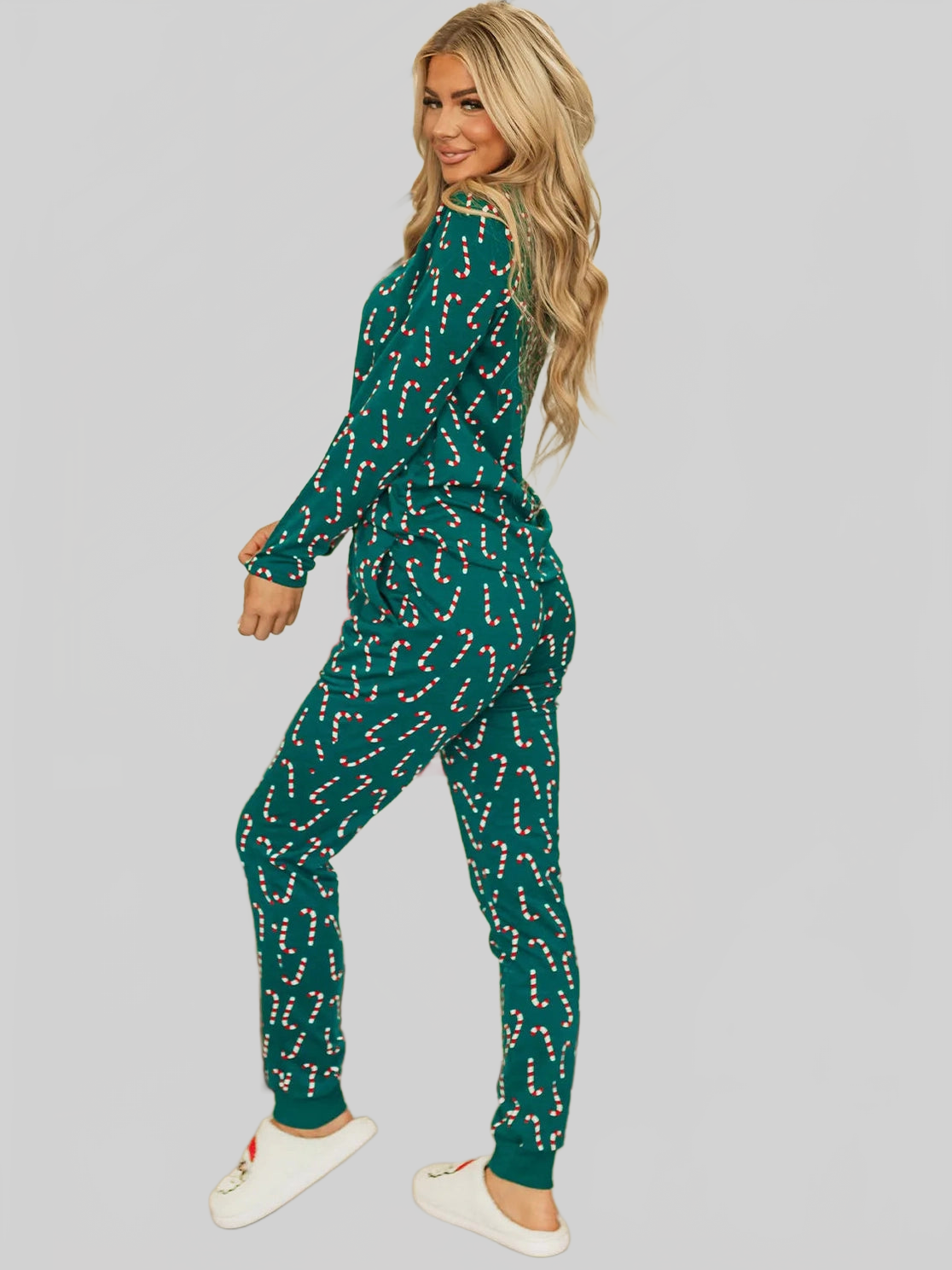 Candy Cane Print Round Neck Top and Pants Lounge Set nicholesgifts