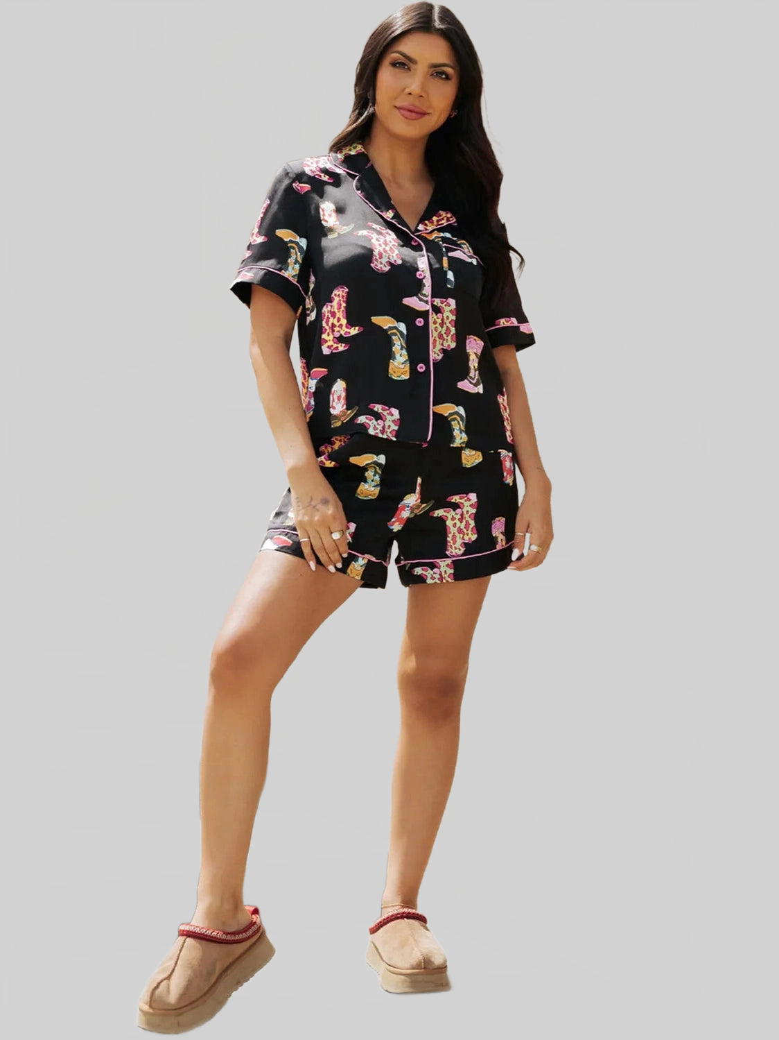 Printed Button Up Short Sleeve Top and Shorts Lounge Set nicholesgifts