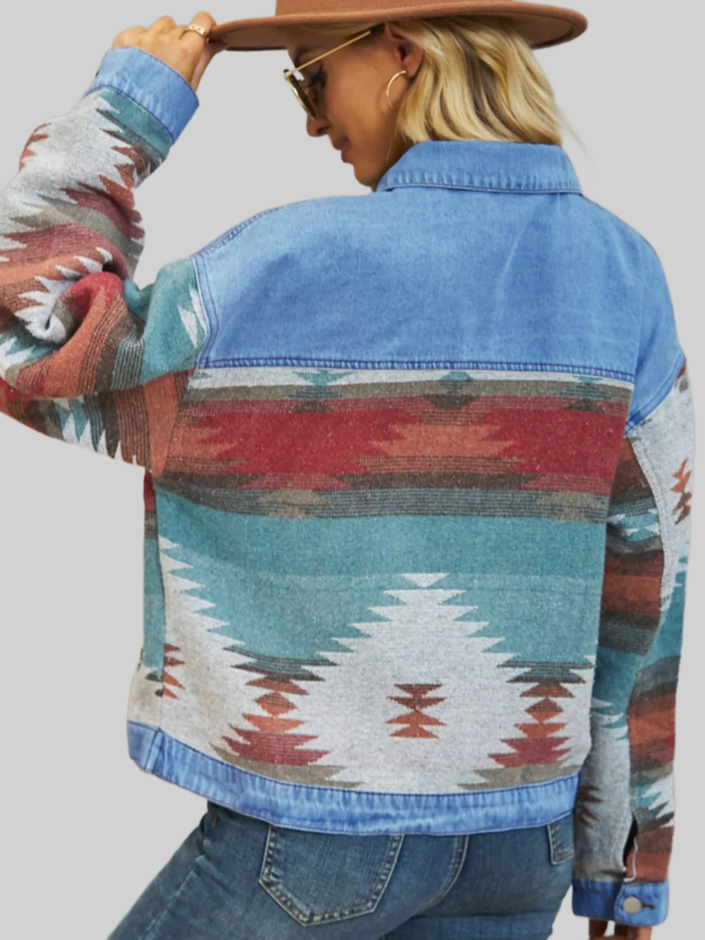Geometric Button Up Dropped Shoulder Denim Jacket nicholesgifts
