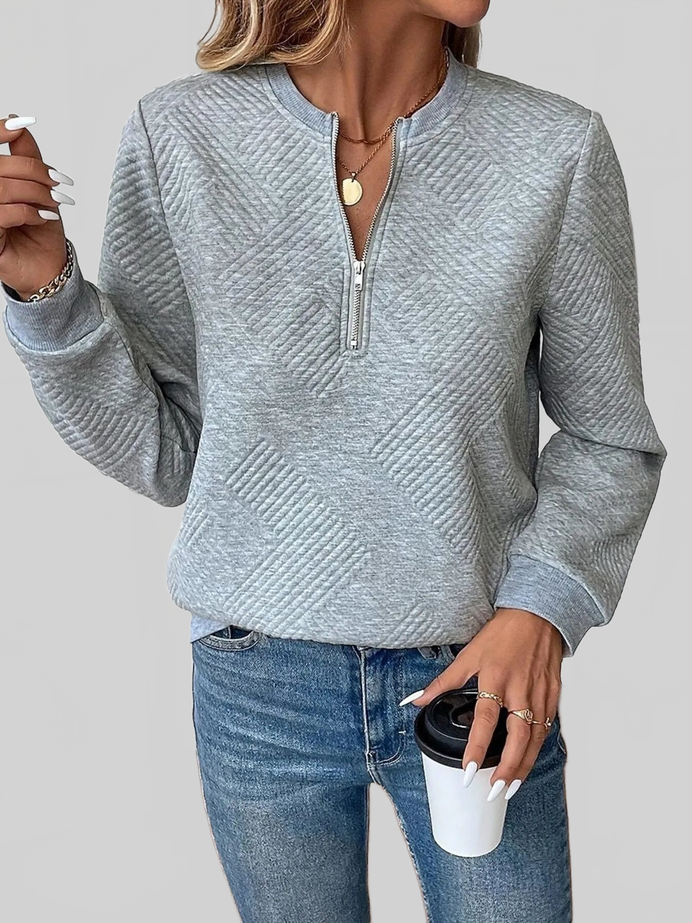 Women Quarter Zip Textured Long Sleeve Sweatshirt NicholesGifts