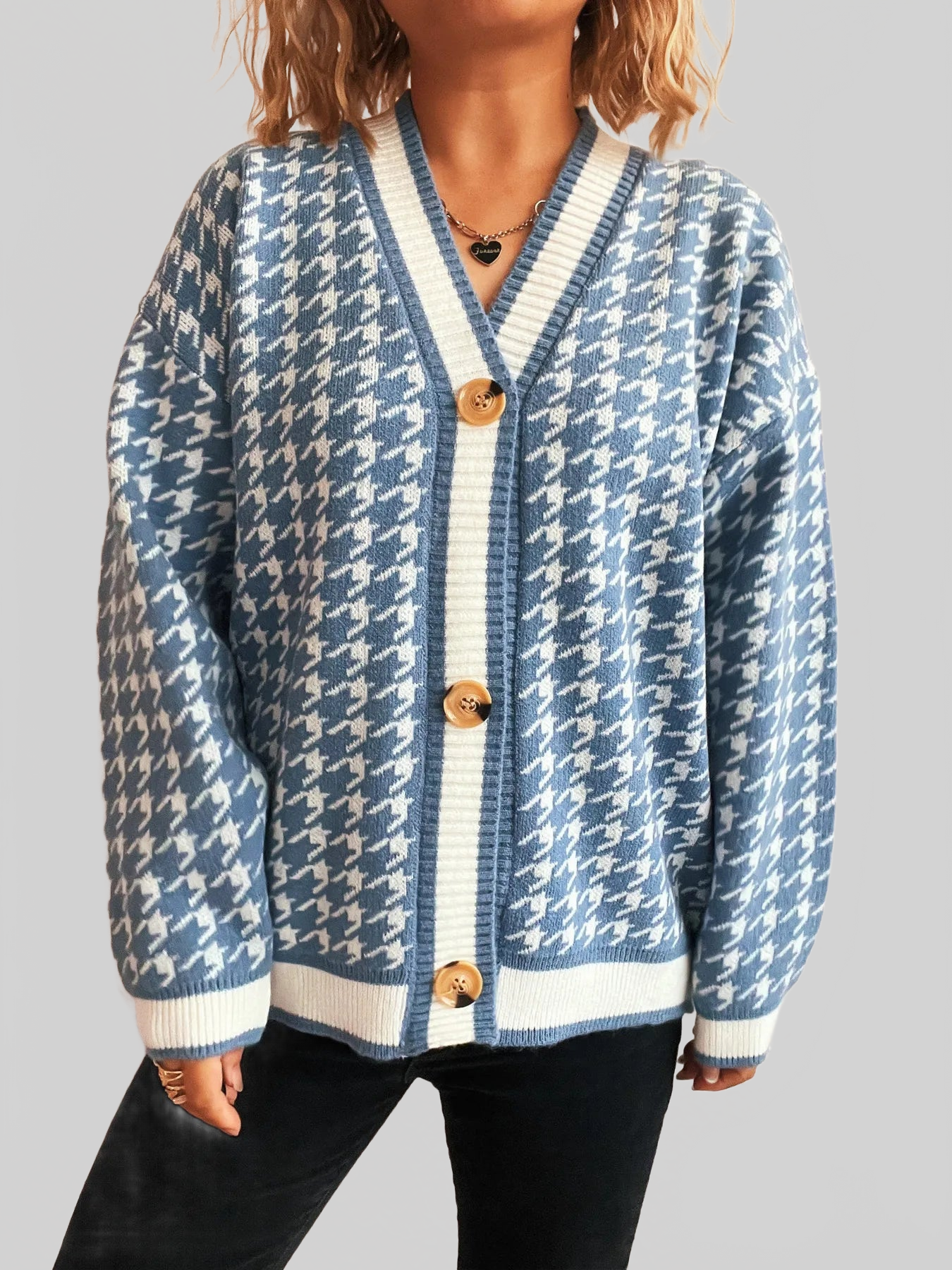 Women Houndstooth Pattern V-Neck Button-Up Cardigan Sweater NicholesGifts