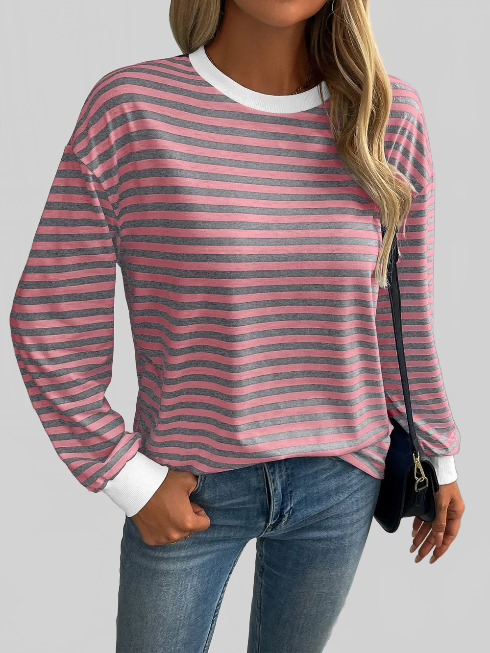 Women Ivy Lane Striped Round Neck Long Sleeve Sweatshirt nicholesgifts