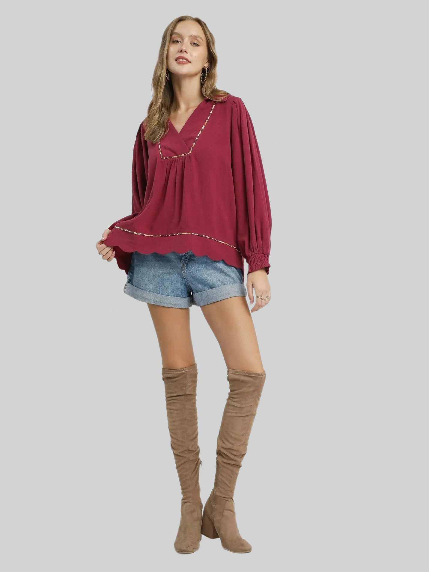 Women Umgee Full Size Linen Scallop Hem Long Sleeve Blouse with Contrast Trim Plus Size NicholesGifts