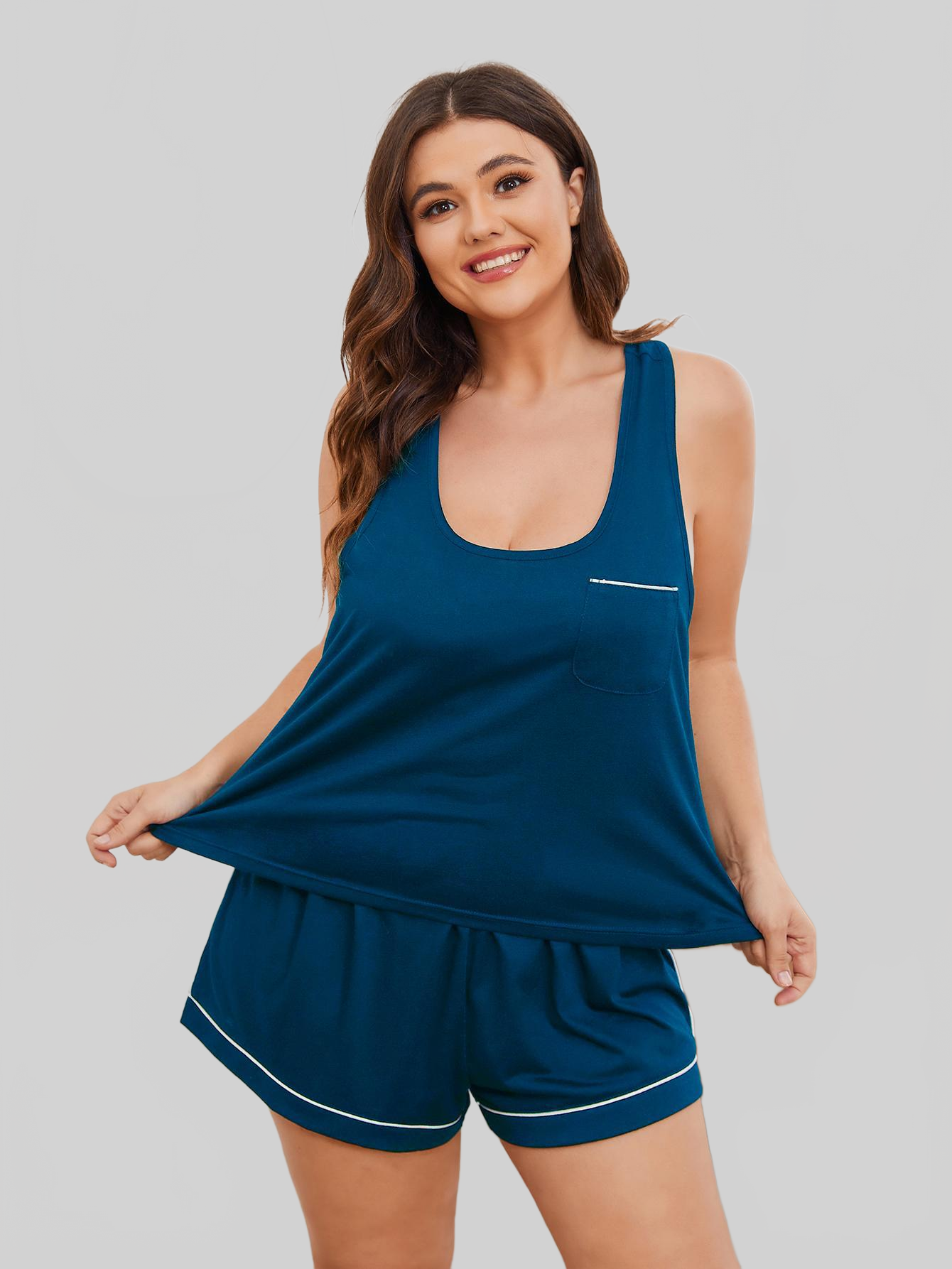 Plus Size Contrast Piping Racerback Tank and Shorts Lounge Set nicholesgifts