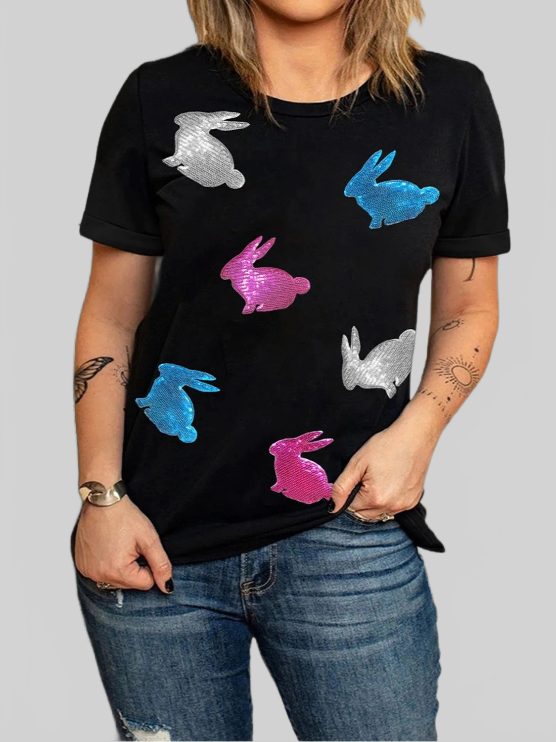 Plus Size Rabbit Round Neck Short Sleeve T-Shirt nicholesgifts