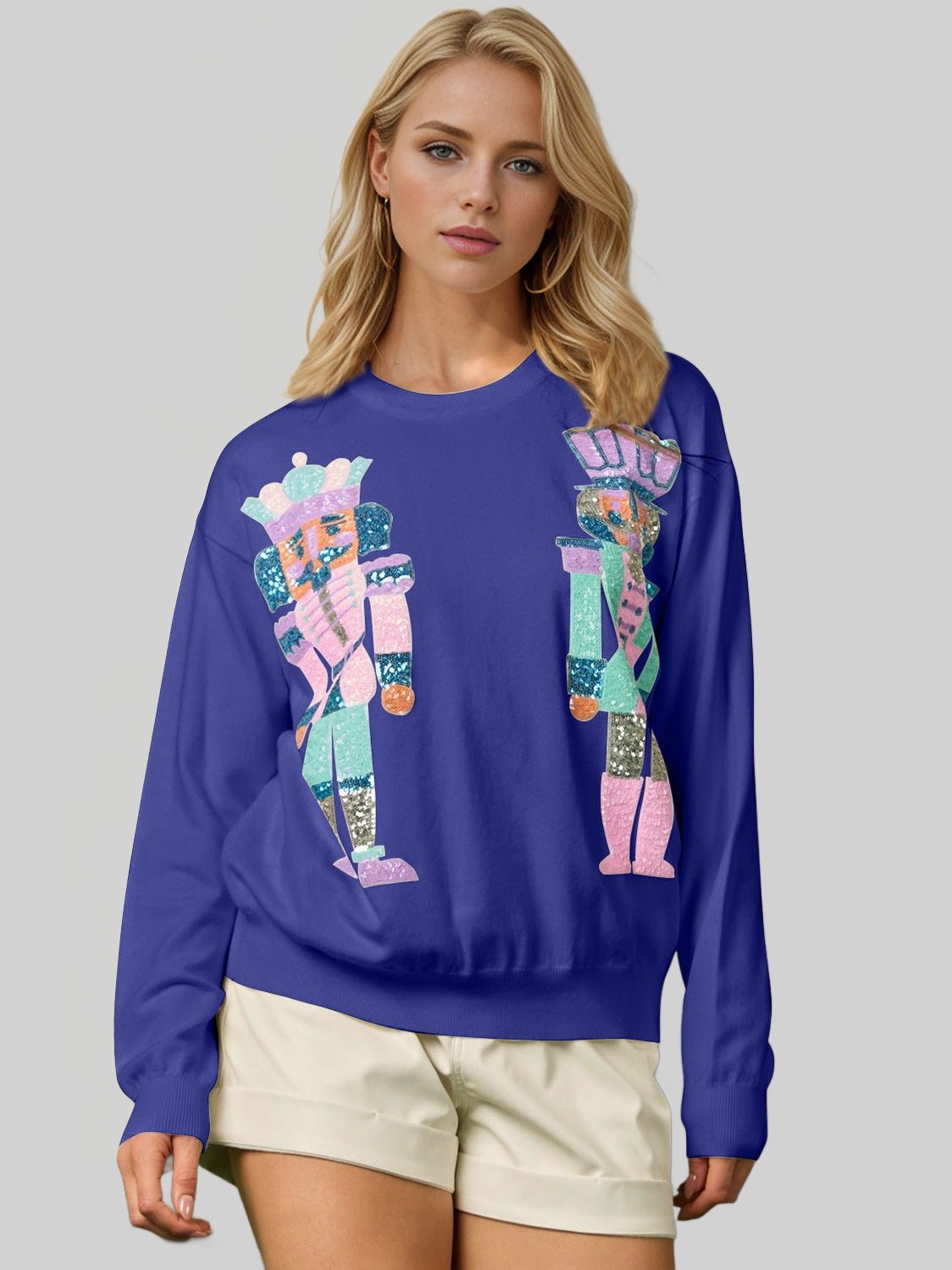 Women Double Take Full Size Sequin Nutcracker Long Sleeve Sweater nicholesgifts