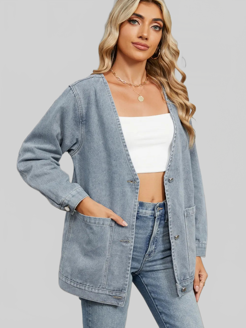 Pocketed V-Neck Button Up Denim Jacket nicholesgifts