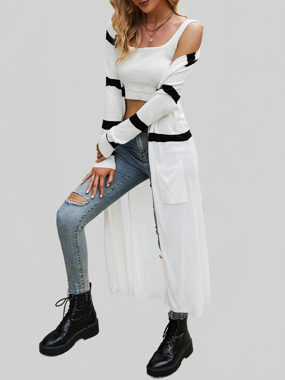 Women Pocketed Striped Button Up Cardigan nicholesgifts