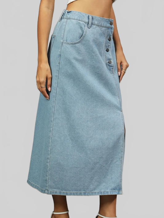 Slit Button Detail Denim Midi Skirt nicholesgifts
