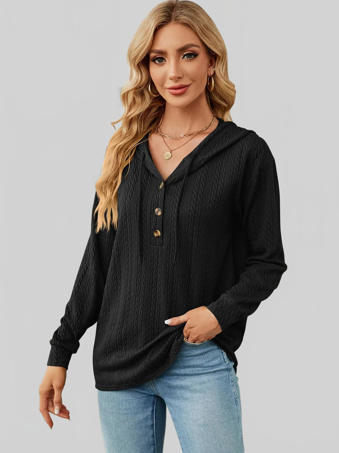 Drawstring Half Button Long Sleeve Hoodie nicholesgifts