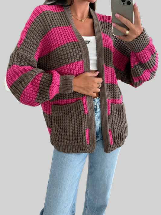 Striped Open Front Long Sleeve Cardigan NicholesGifts