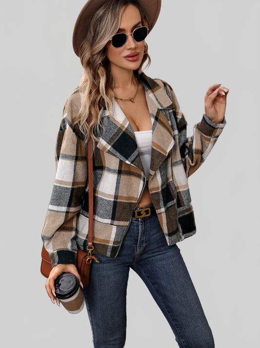 Perfee Plaid Collared Neck Long Sleeve Jacket nicholesgifts