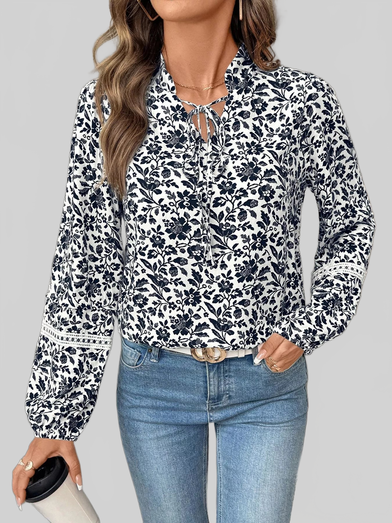 Printed Tie Neck Long Sleeve Blouse NicholesGifts