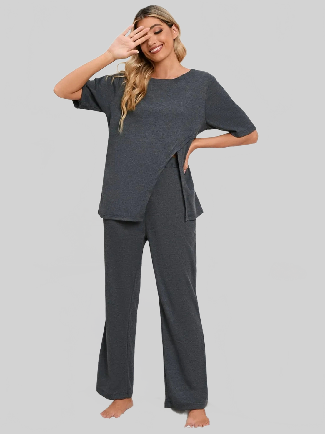 Slit Round Neck Top and Pants Lounge Set nicholesgifts