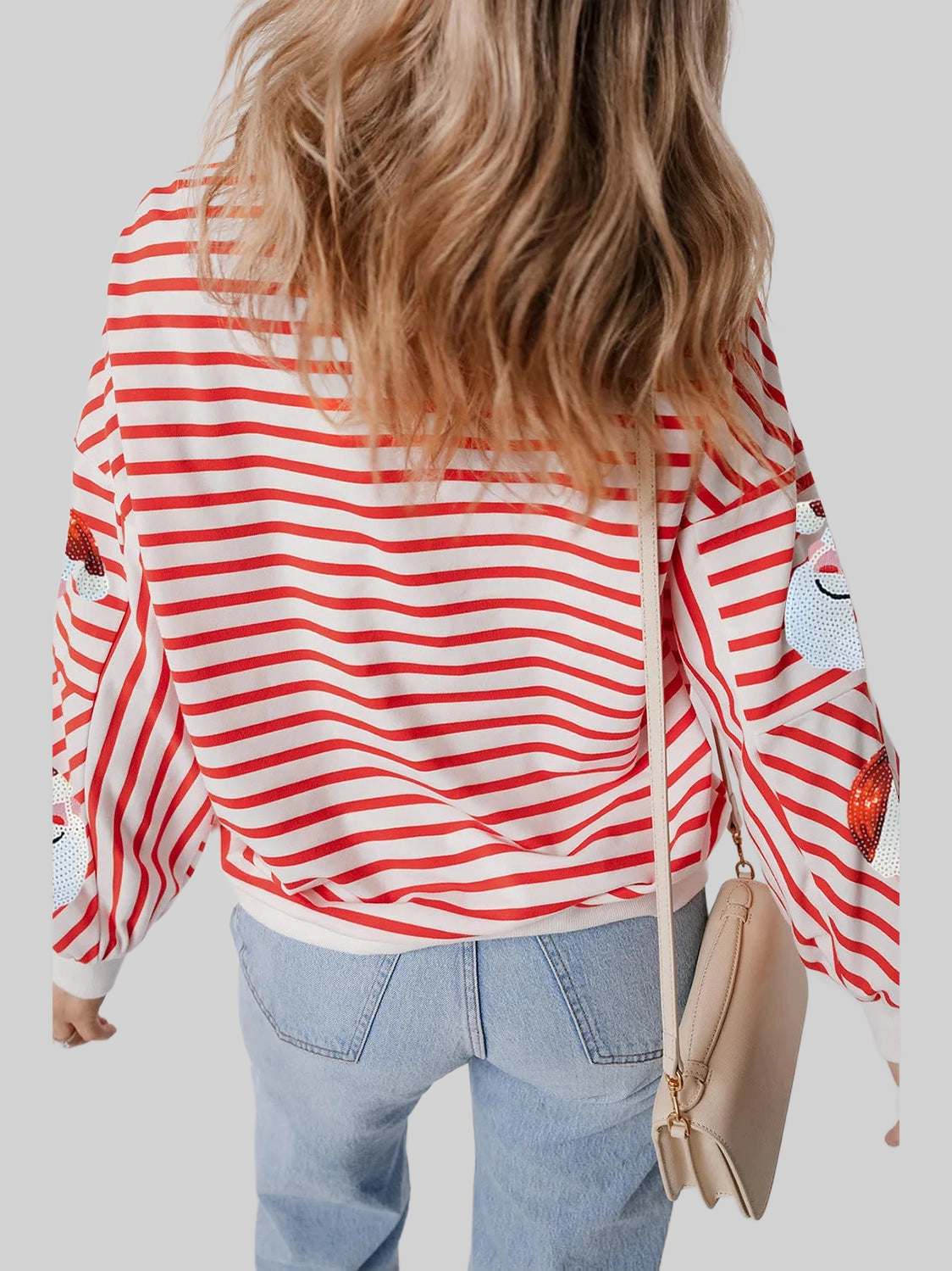 Women Christmas Sequin Santa Striped Round Neck Long Sleeve Sweatshirt nicholesgifts