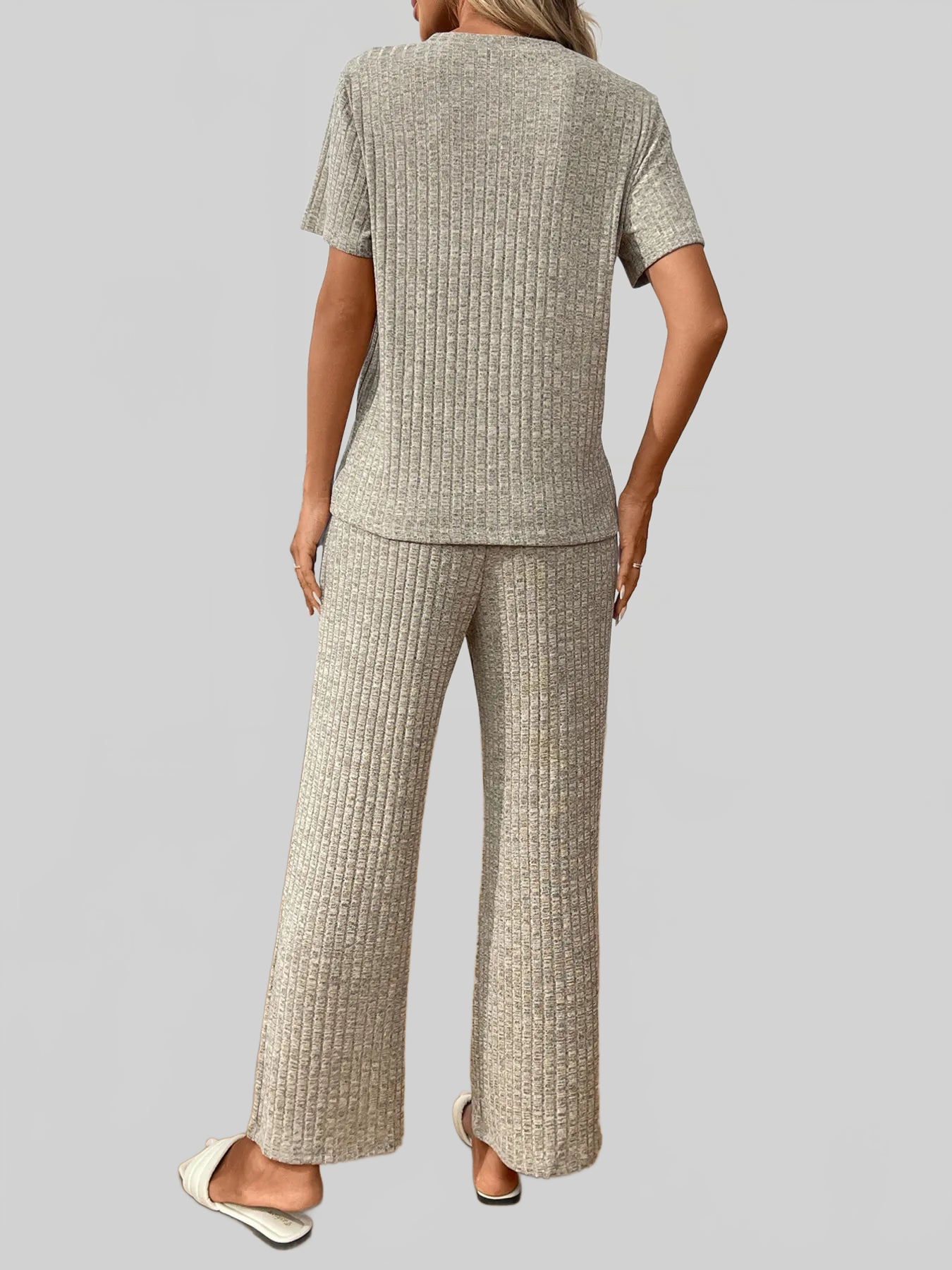 Ribbed Knit Short Sleeve Top and Pants Lounge Set nicholesgifts