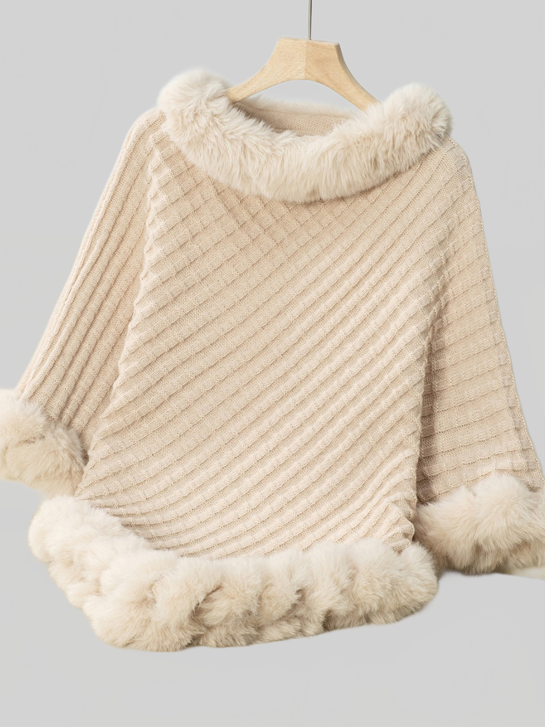 Women Fuzzy Trim Texture Three-Quarter Sleeve Poncho nicholesgifts