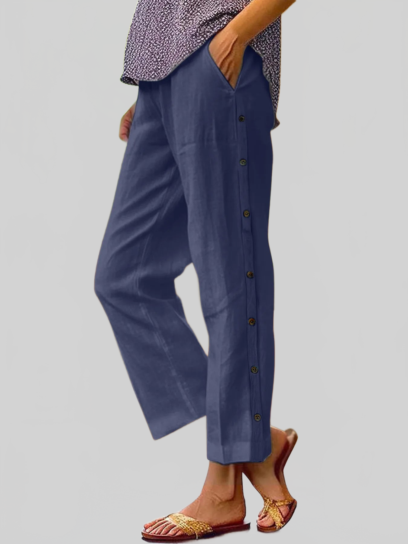 Women Full Size Side Decor Button Casual Wide Leg Pants Plus Size nicholesgifts